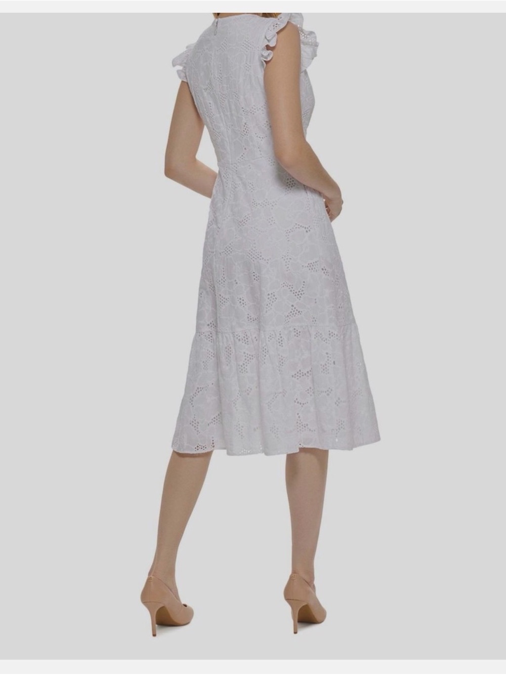 Karl Lagerfeld White Eyelet V-Neck Midi Dress with Ruffle Shoulders Size 8 - Picture 2 of 14